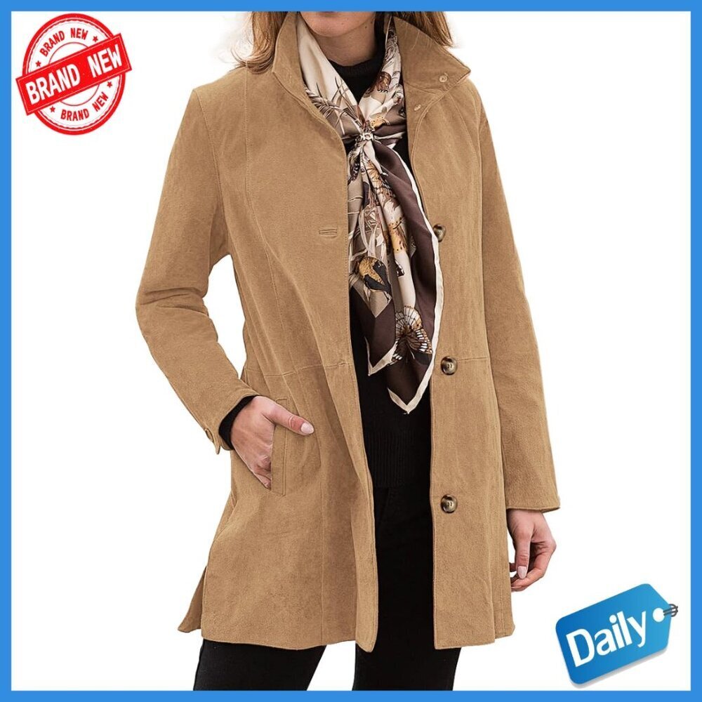 Mid-Length Suede Leather Trench Coat with Stand Collar and Pockets